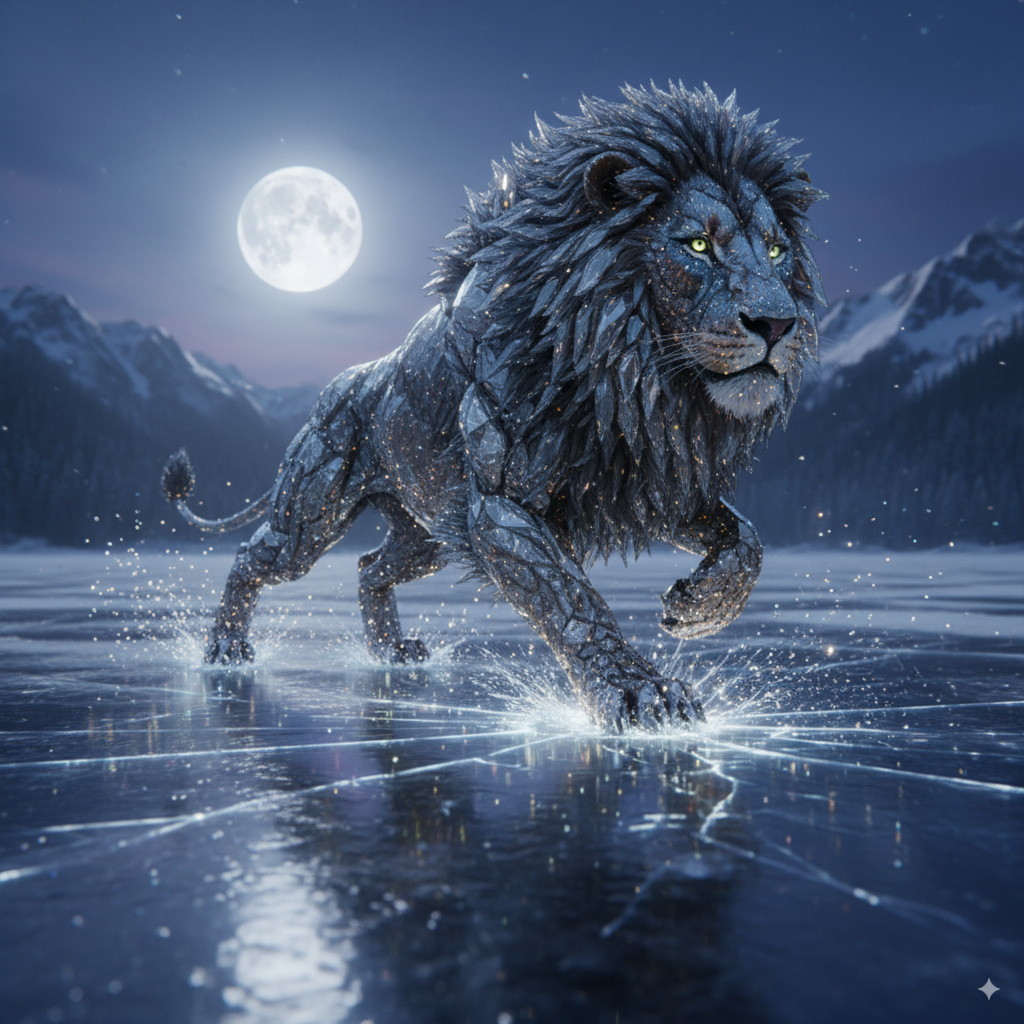 4. Diamond Body Lion walking on a Frozen Lake