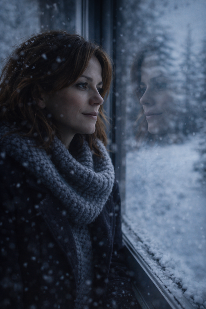 “A moody portrait of a person looking out a window at falling snow, reflection visible on the glass, cool color tones, soft lighting, contemplative holiday mood.”